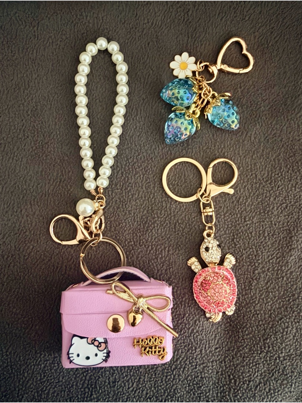 HK Lavender Mini Purse, Rhinestone Pink Turtle, Strawberries Charms